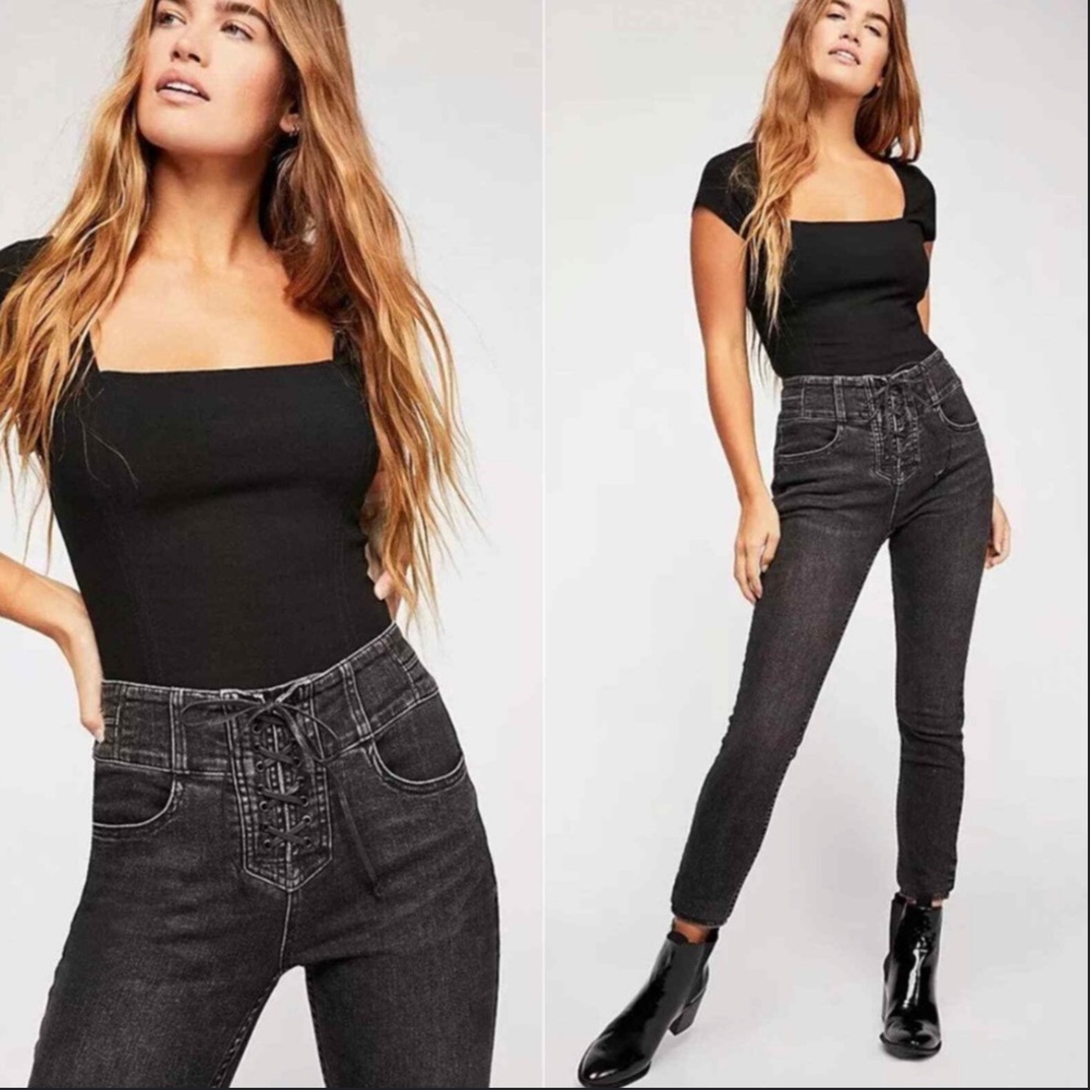 We The Free People Curvy Lovers Knot Black High Waist Lace Up Skinny Jeans 25